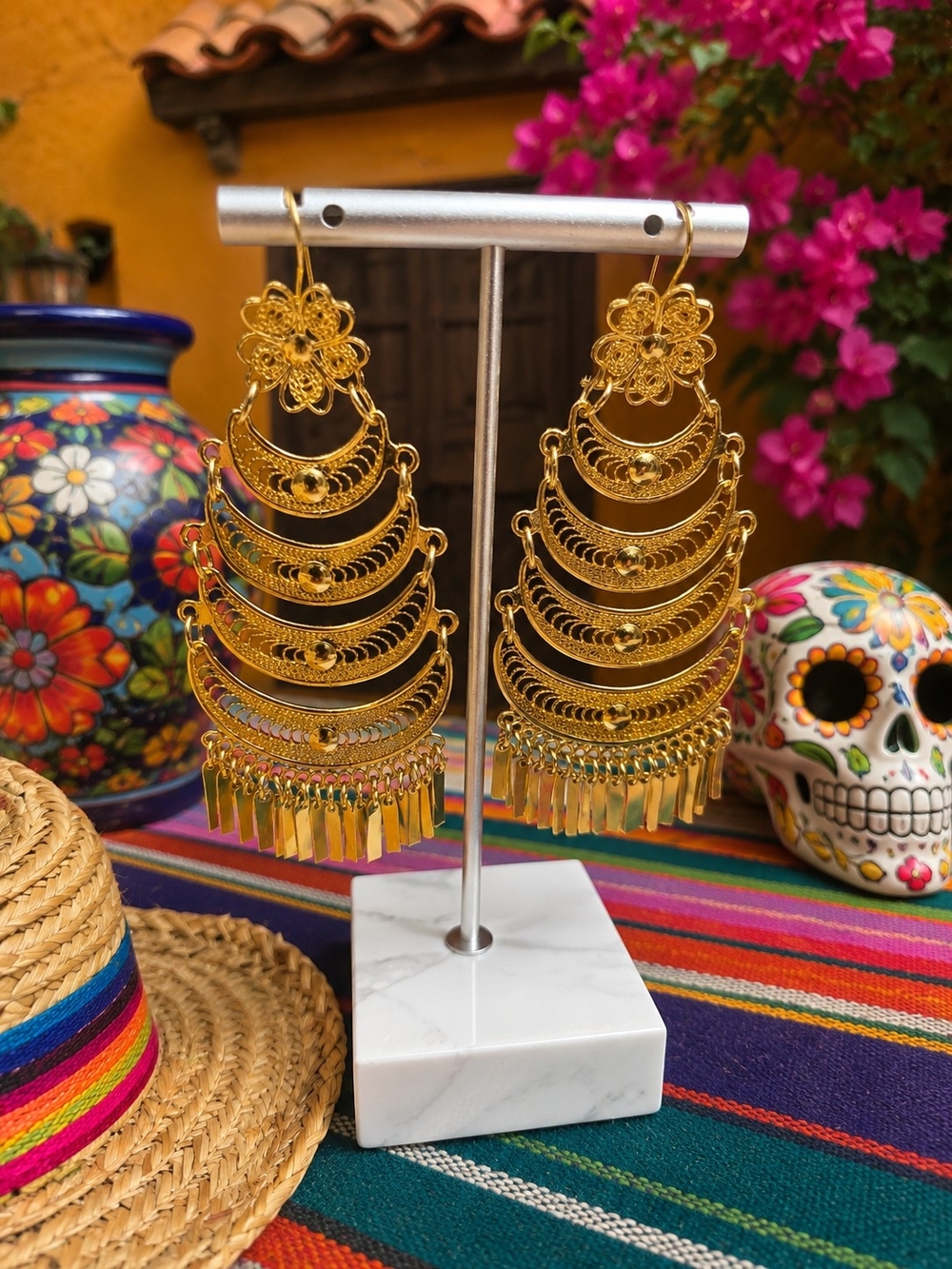Gold Multi-Tier Filigree Fringe Earrings